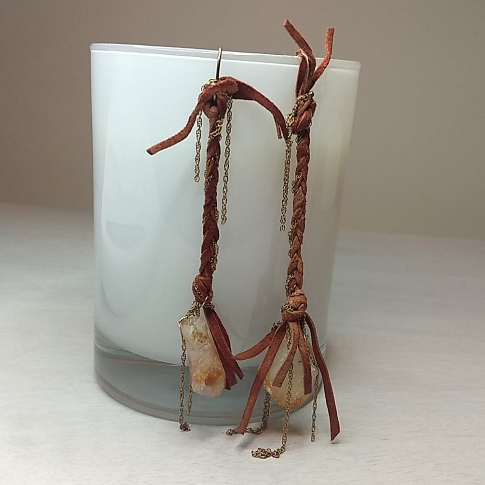 Boho, Hippie Leather Braided Amber Earrings